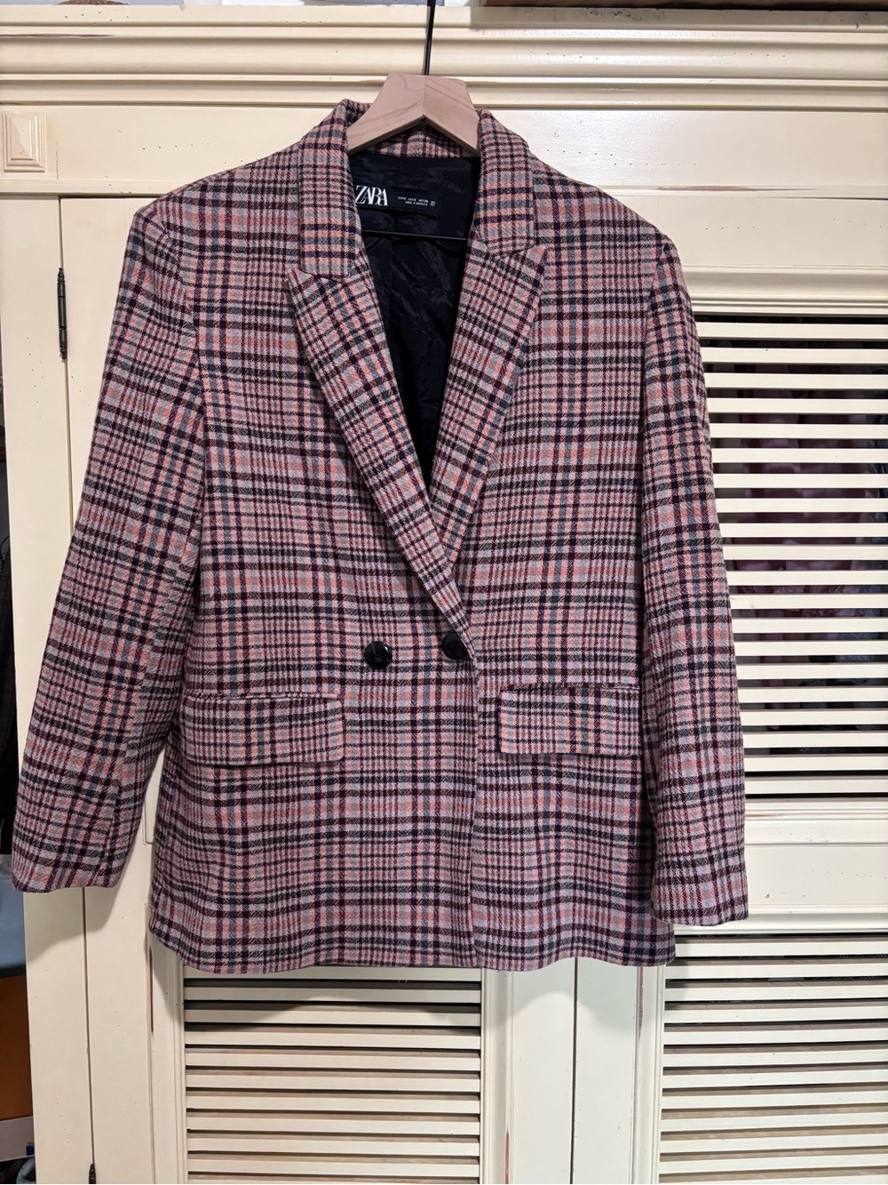 Zara Pink Plaid Tailored Double-Breasted Blazer